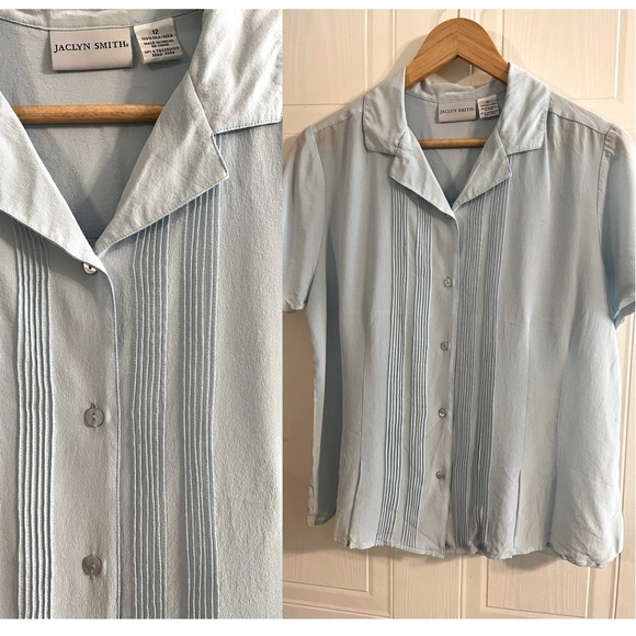 VINTAGE SILK BABY BLUE PLEATED BLOUSE - Picture 1 of 7